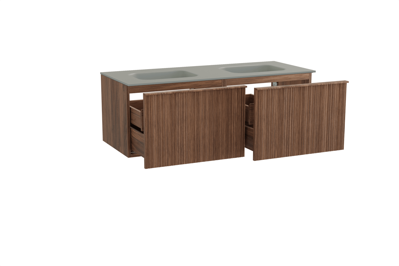 Balmani Forma hängendes Möbelstück Set: 135 x 55 cm, Amerikanischer Nussbaum, mit Tablo Arcato Doppelwaschtisch, Solid Surface, Steingrau, Vertikale asymmetrische Runde Rippe