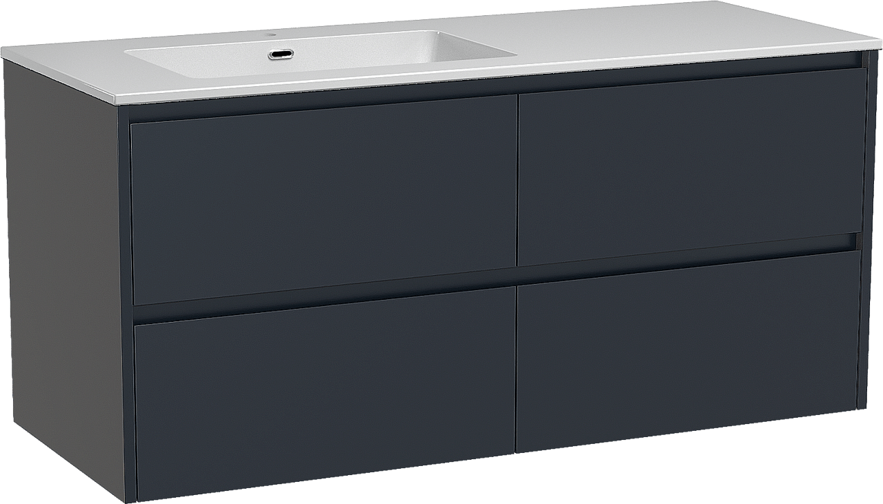 Storke Seda meuble salle de bains suspendu 130 x 52 cm bleu nuit avec Diva vasque asymétrique gauche en marbre composite blanc brillant