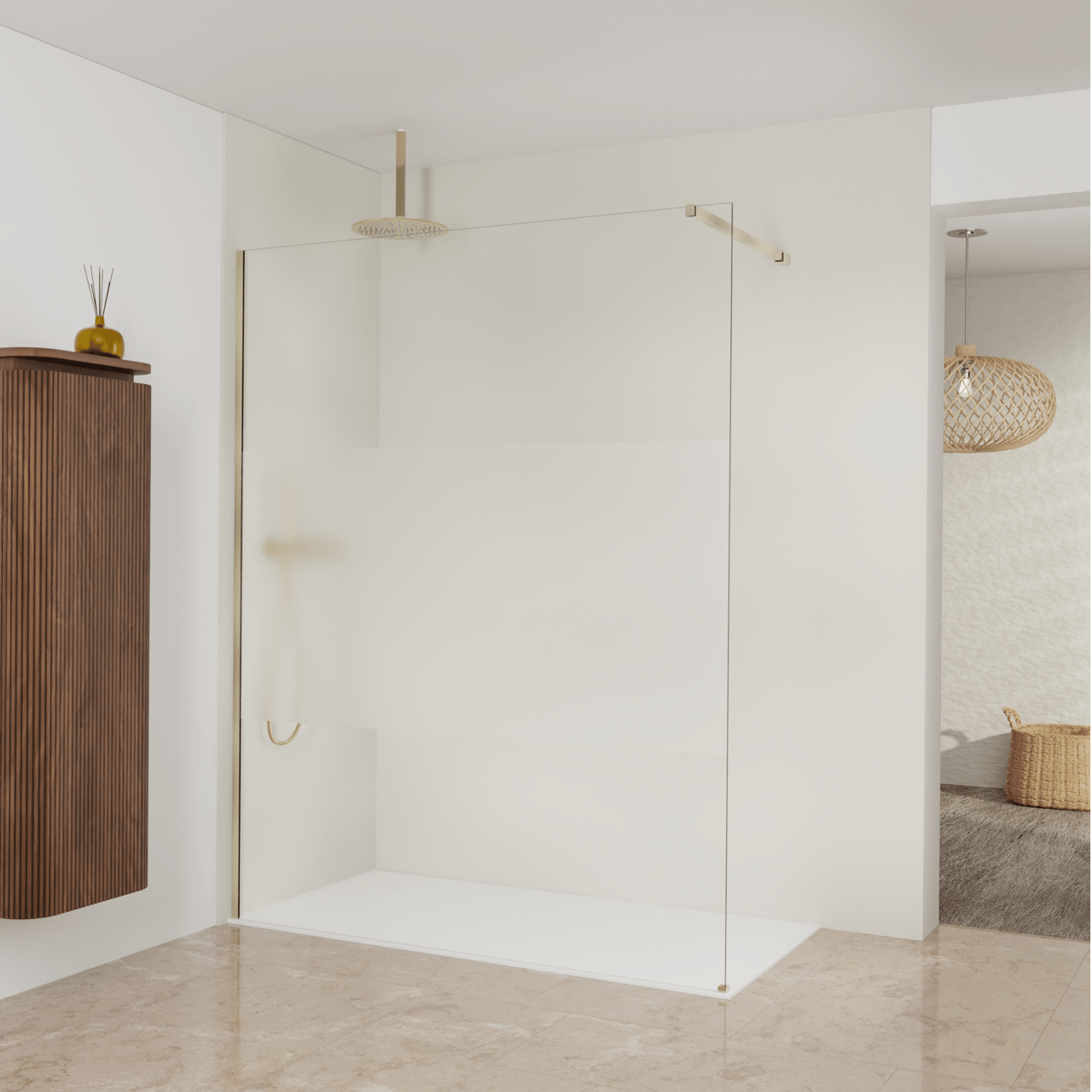 Balmani Modular Walk-In Dusche: 160 x 200 cm, Klarglas mit mattiertem Streifen, Profil Brushed Champagne Gold