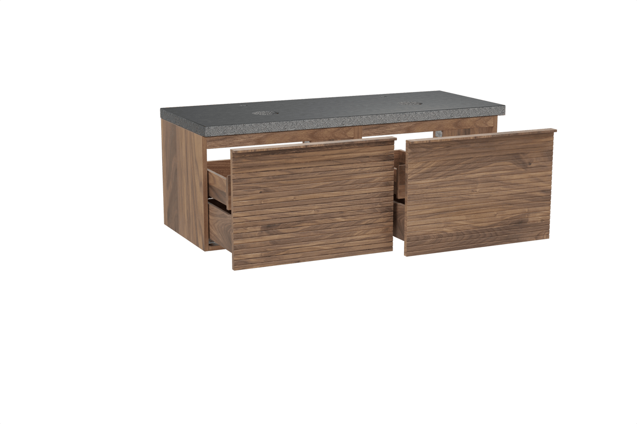 Balmani Forma zwevend badmeubel 135 x 55 cm amerikaans notenhout met Rock dubbel wastafelblad in zwart graniet, Horizontale symmetrische rechte ribbel