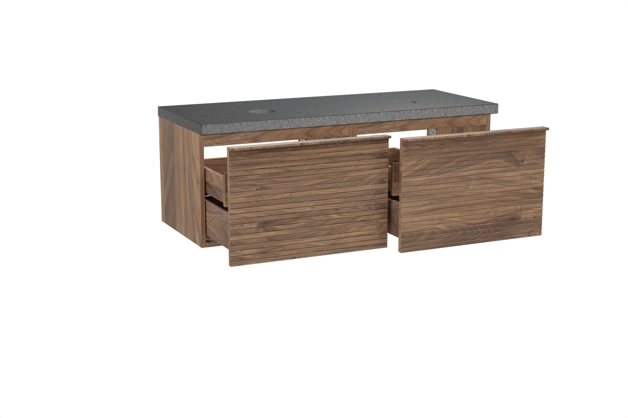 Balmani Forma zwevend badkamermeubel 135 x 55 cm amerikaanse notelaar met Rock dubbel tablet in graniet zwart, Horizontale symmetrische rechte ribbel