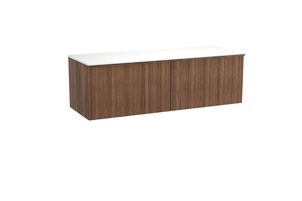 Balmani Forma meuble salle de bains suspendu 150 x 55 cm noyer américain avec Stretto tablette simple ou double en solid surface blanc mat, Nervure circulaire asymétrique verticale