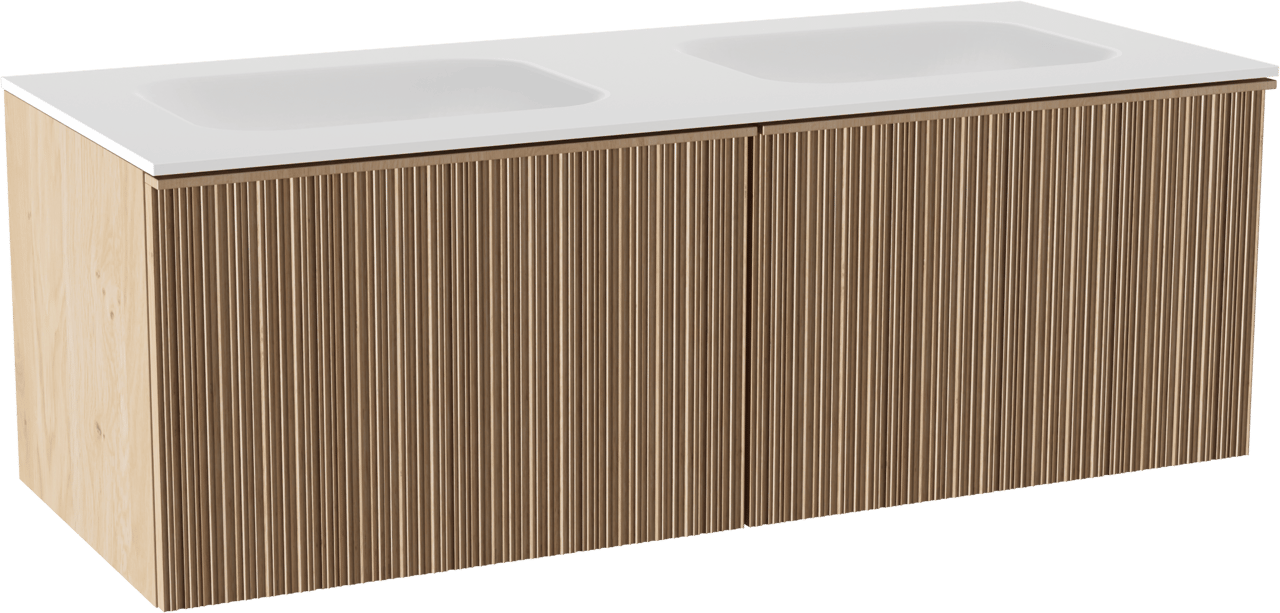 Balmani Forma meuble salle de bains suspendu 135 x 55 cm chêne naturel avec Tablo Arcato double vasque en solid surface blanc mat, Nervure circulaire asymétrique verticale