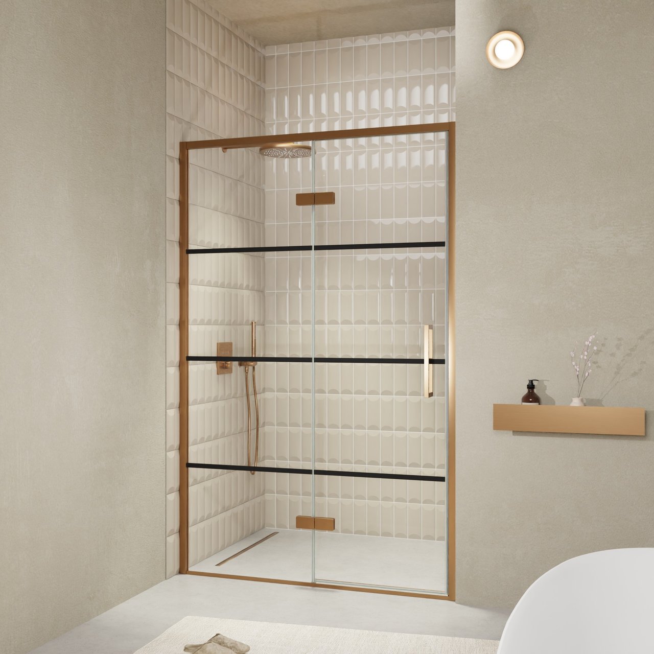 Balmani Senses Design Dusche Drehtür, Links, 140 cm x 210 cm, Lined, Profil Brushed Rosegold