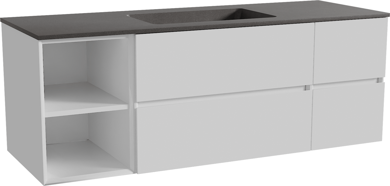 Storke Edge zwevend badkamermeubel 145 x 52 cm glanzend wit met Scuro enkele wastafel in kwarts mat zwart