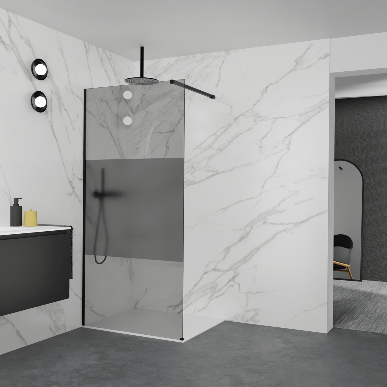 Balmani Modular Walk-In Dusche: 100 x 200 cm, Rauchglas mit mattiertem Streifen, Profil Schwarz matt