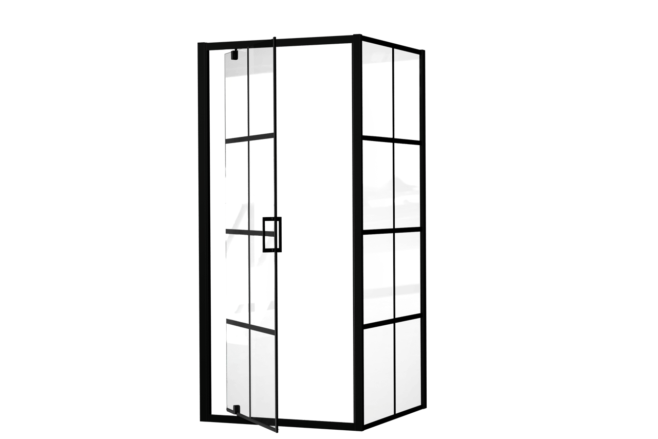 Luca Varess Vidor Eckdusche: Drehtür und fixierte, Seitenwand, 90 x 90 cm, Square Glas, mattschwarzes Profil