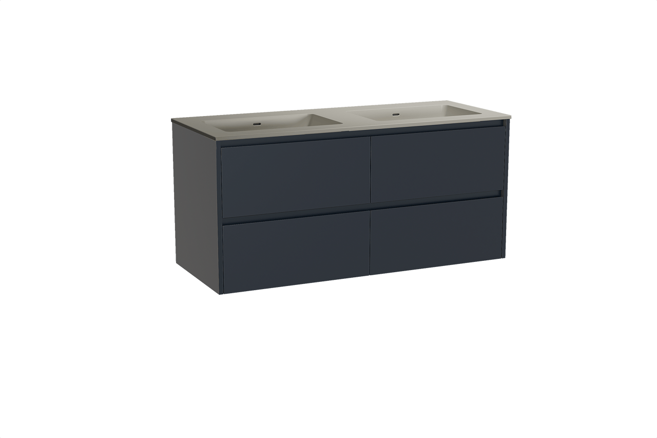 Storke Seda meuble salle de bains suspendu 130 x 52 cm bleu nuit avec Diva double vasque en top solid soie grise