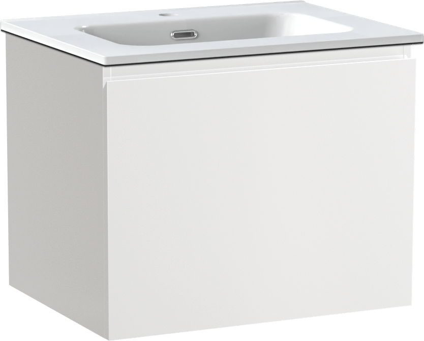 Linie Lado hängendes Möbelstück Set: 60 x 46 cm, Weiß glänzend, mit Baro Einzelwaschtisch, Porzellan Weiß glänzend
