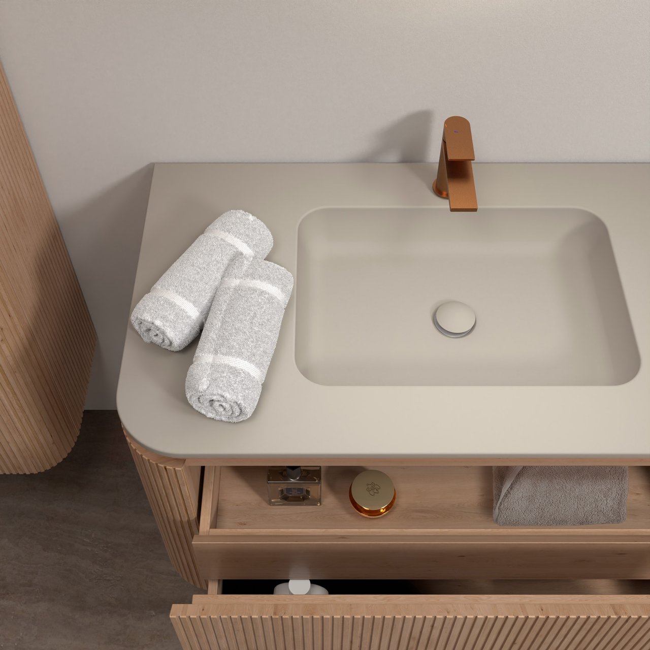 Balmani Moon hängendes Möbelstück Set: 160 x 55 cm, Naturbelassene Eiche, mit Moon Doppelwaschtisch, Top Solid, Seidengrau, Vertikale symmetrische gerade Rippe