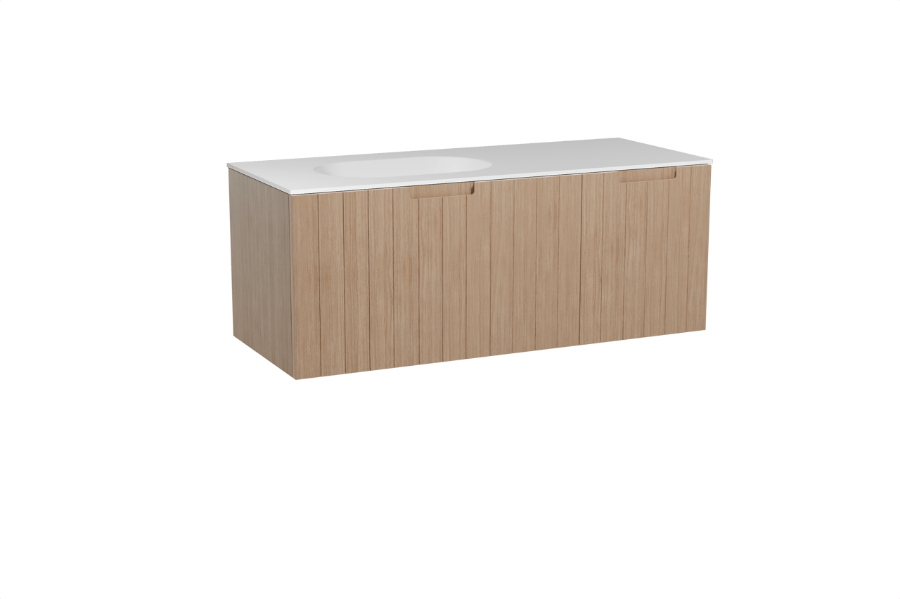 Balmani Adagio zwevend badmeubel 135 x 55 cm verweerd eiken met Tablo Oval asymmetrisch linkse wastafel in solid surface mat wit