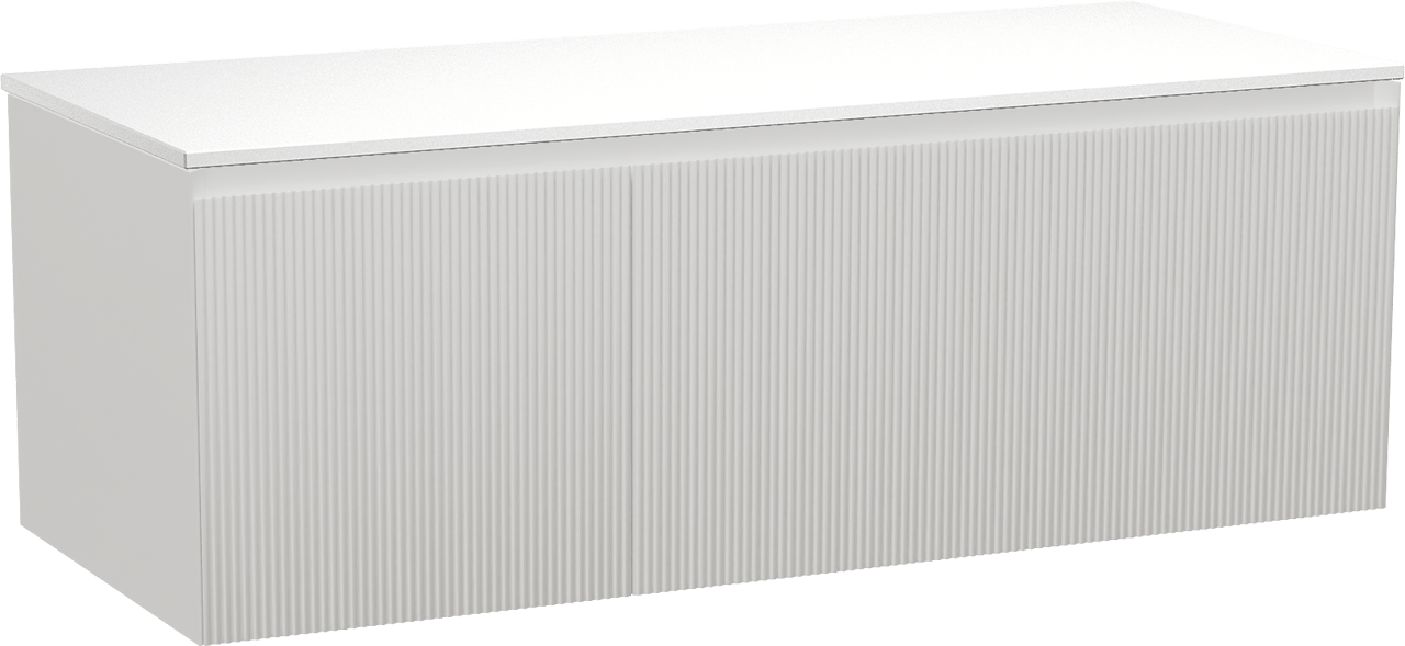 Balmani Fila hängendes Möbelstück Set: 135 x 55 cm, Weiß matt, mit Stretto Einzel- oder Doppel Waschtischplatte, Solid Surface, Weiß matt, Vertikale symmetrische gerade Rippe