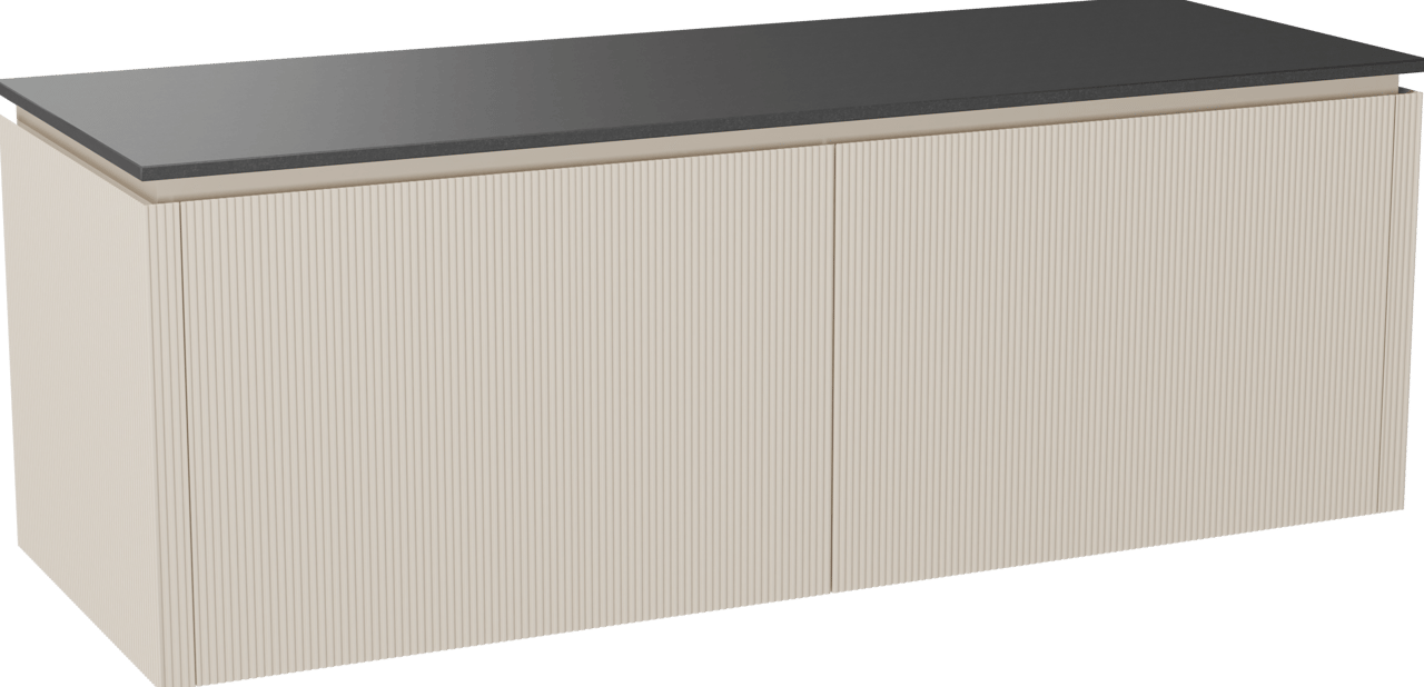 Balmani Eclips zwevend badkamermeubel 150 x 55 cm Sandbeige met Stretto enkel of dubbel tablet in Graniet zwart, Verticale symmetrische rechte ribbel