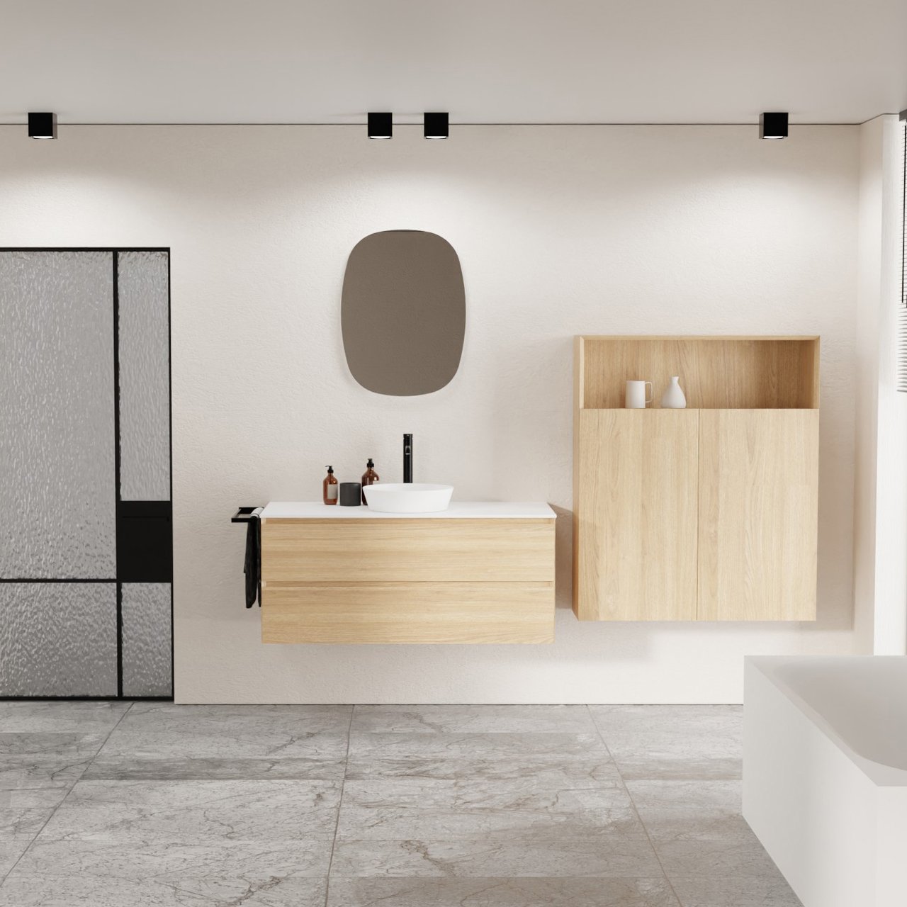 Balmani Mitra meuble salle de bains suspendu 120 x 55 cm chêne naturel avec Stretto tablette simple ou double en solid surface blanc mat