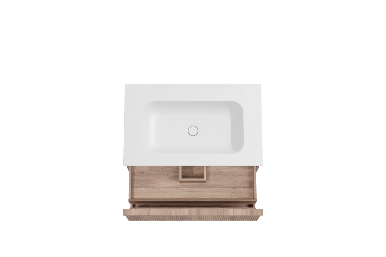 Balmani Forma zwevend badkamermeubel 90 x 55 cm teak met Tablo Strada enkele wastafel in composietmarmer mat wit, Verticale symmetrische rechte ribbel
