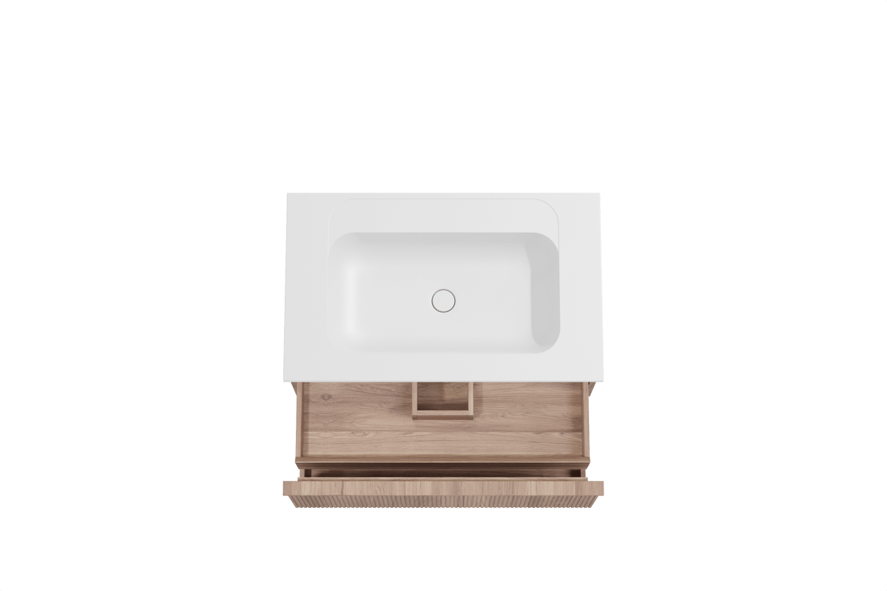 Balmani Forma hängendes Möbelstück Set: 90 x 55 cm, Teak, mit Tablo Strada Einzelwaschtisch, Marmorkomposit, Weiß matt, Vertikale symmetrische gerade Rippe