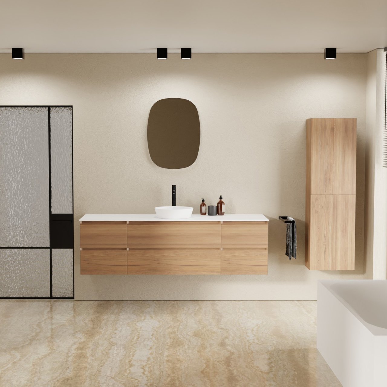 Balmani Mitra hängendes Möbelstück Set: 180 x 55 cm, Teak, mit Stretto Einzel- oder Doppel Waschtischplatte, Solid Surface Weiß matt