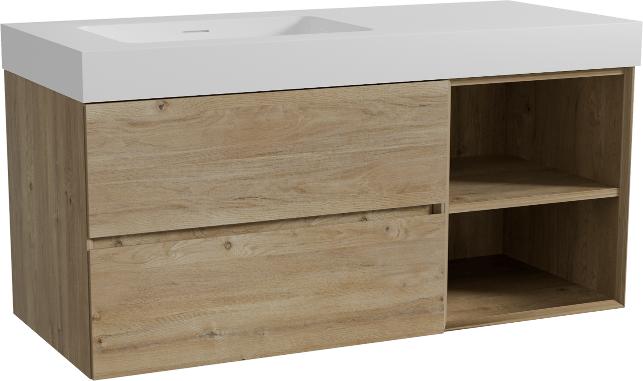 Storke Edge zwevend badmeubel 120 x 52 cm ruw eiken met Mata High asymmetrisch linkse wastafel in solid surface mat wit