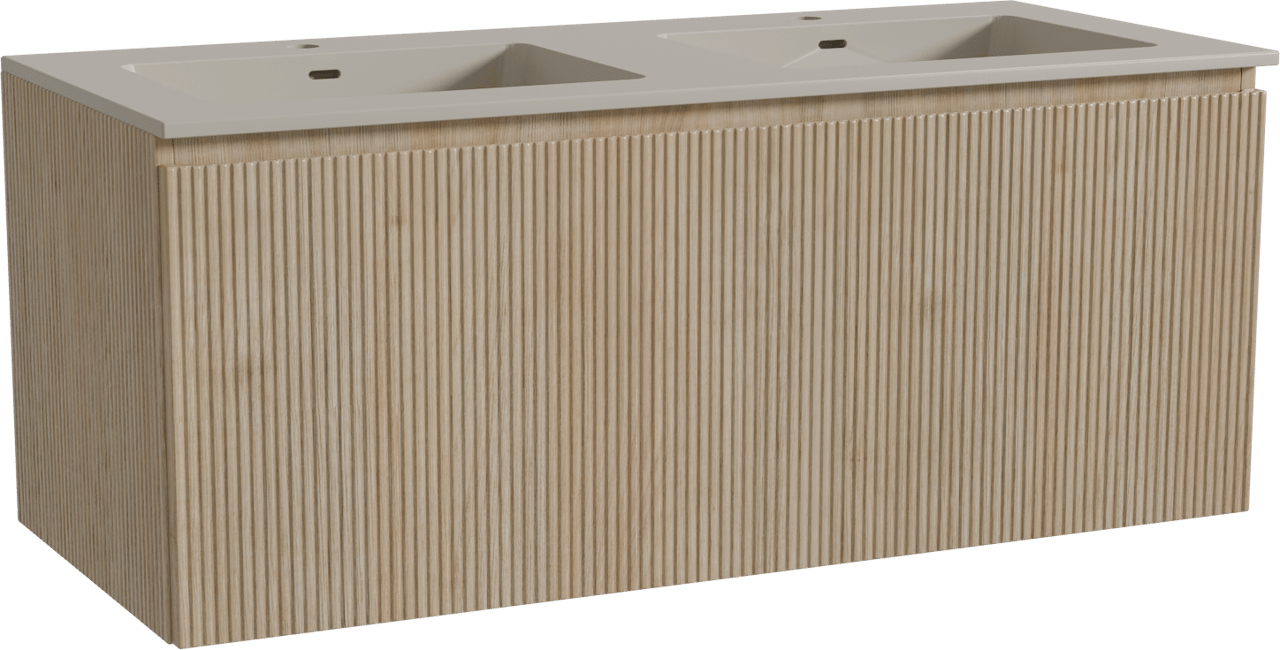 Storke Ribs zwevend badmeubel 120 x 52 cm ruw eiken met Diva dubbele wastafel in top solid zijdegrijs, Verticale symmetrische rechte ribbel