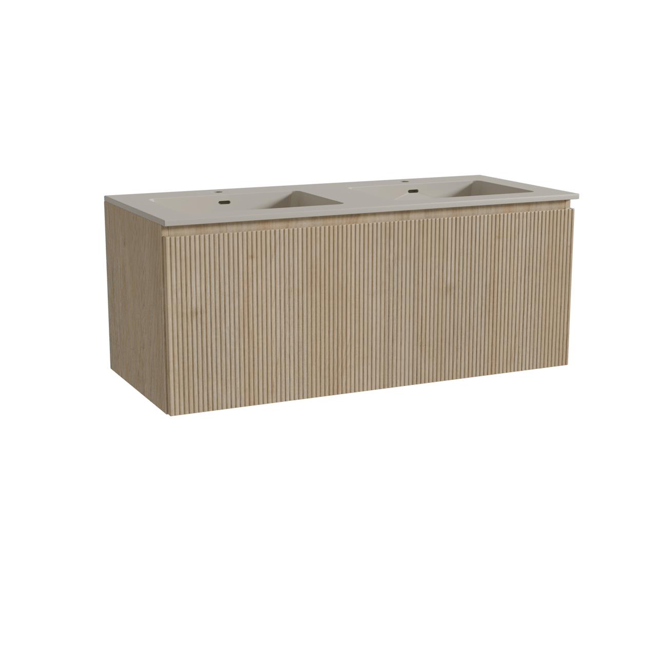 Storke Ribs meuble salle de bains suspendu 120 x 52 cm chêne brut avec Diva double vasque en top solid soie grise, Nervure droite symétrique verticale