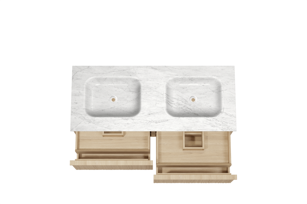 Balmani Forma hängendes Möbelstück Set: 135 x 55 cm, Naturbelassene Eiche, mit Tablo Arcato Doppelwaschtisch, Marmor, Carrara, Vertikale asymmetrische Runde Rippe