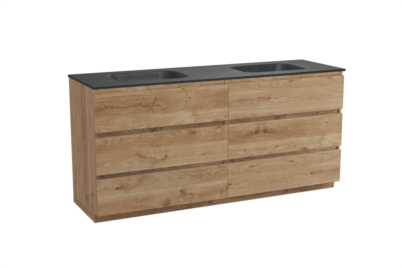 Balmani Lucida freistehendes Möbelstück Set: 180 x 55 cm, Rohe Eiche, mit Tablo Arcato Doppelwaschtisch, Schwarzes Granit