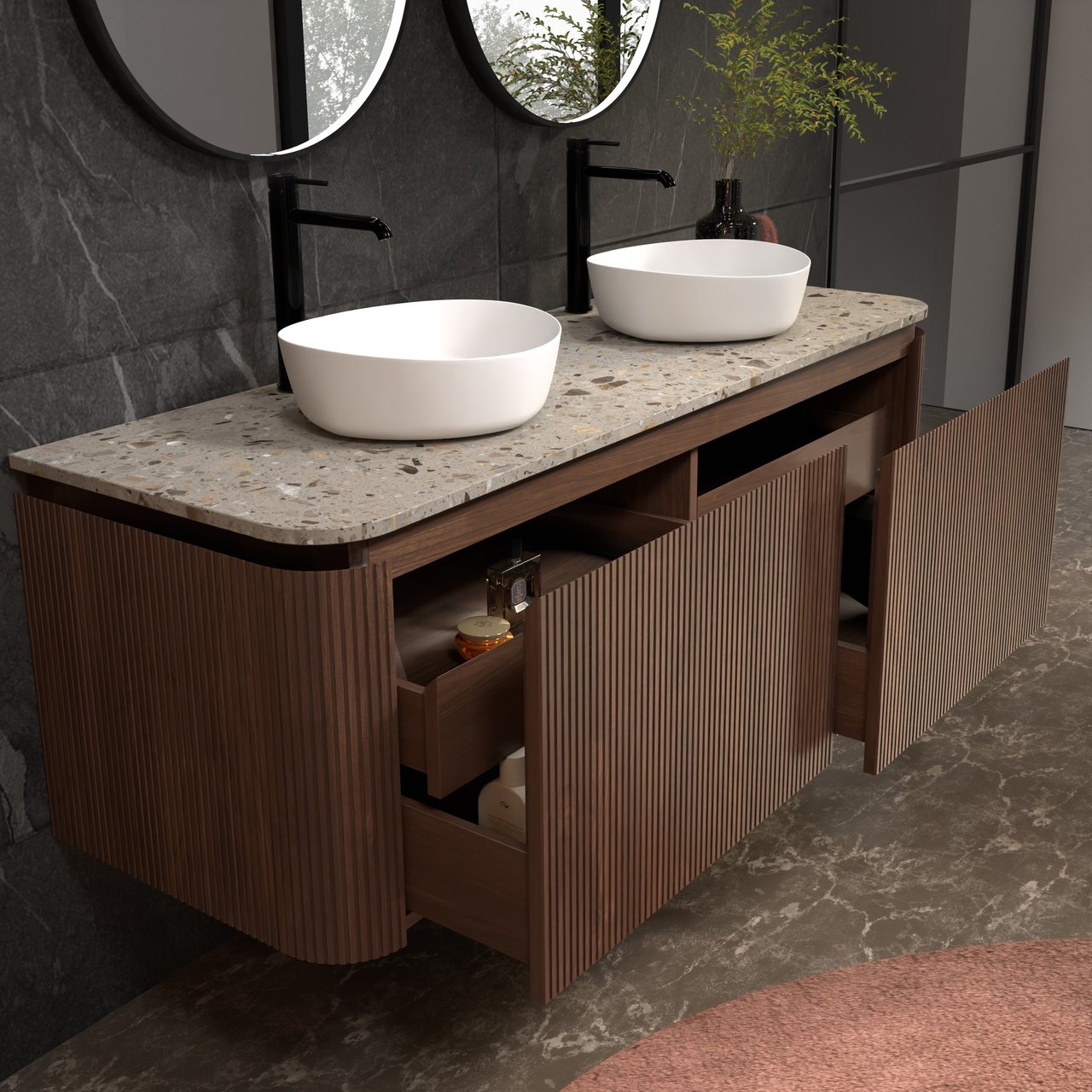 Balmani Moon zwevend badkamermeubel 160 x 55 cm amerikaanse notelaar met Moon enkel of dubbel tablet in terrazzo greige terrazzo, Verticale symmetrische rechte ribbel