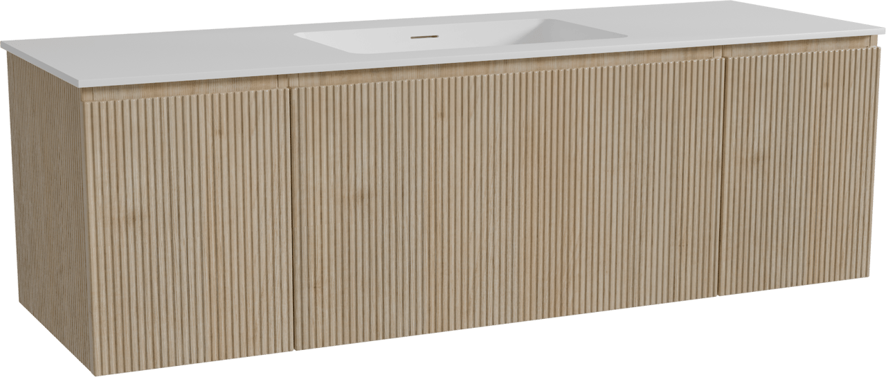 Storke Ribs zwevend badmeubel 155 x 52 cm ruw eiken met Mata enkele wastafel in solid surface mat wit, Verticale symmetrische rechte ribbel