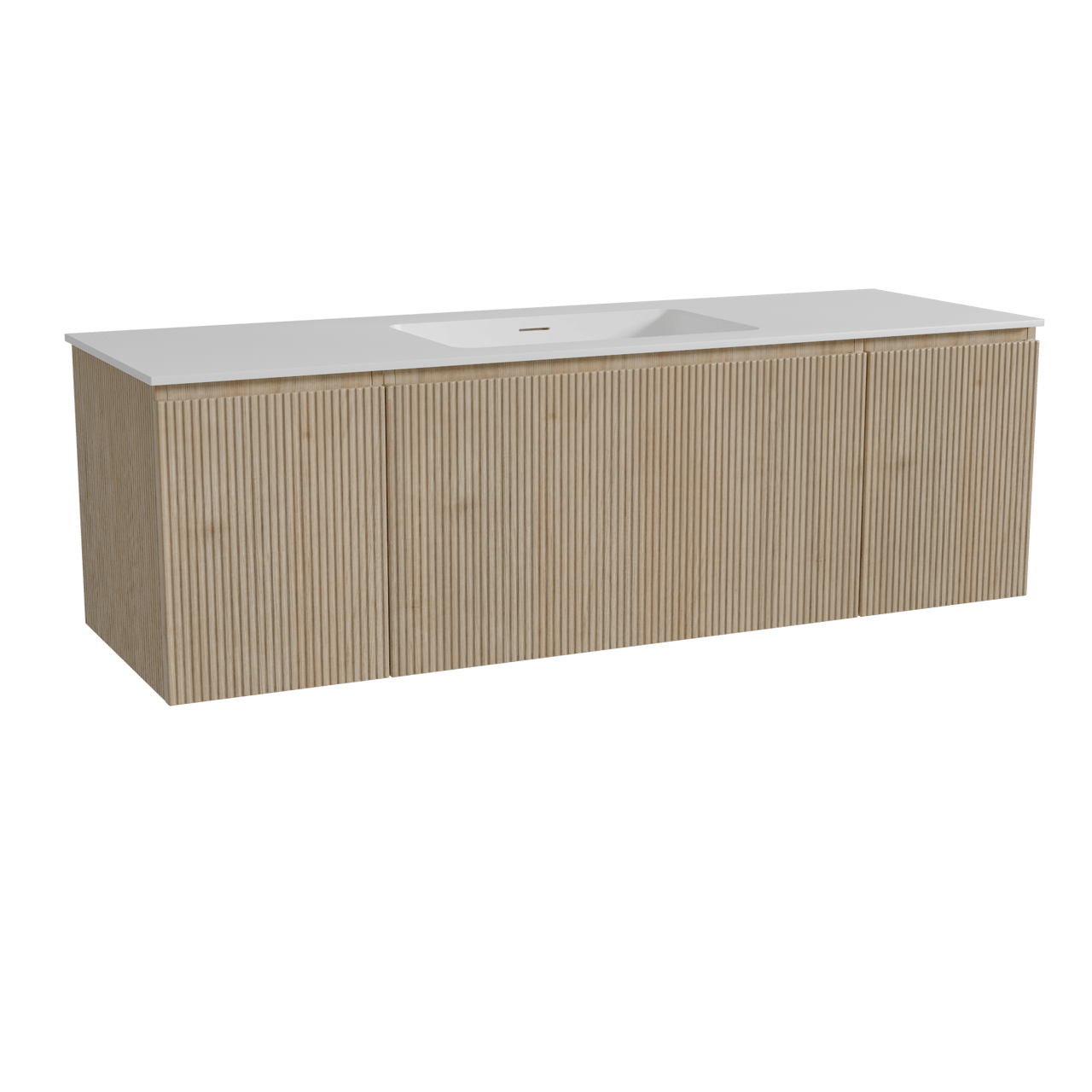 Storke Ribs zwevend badkamermeubel 155 x 52 cm ruwe eik met Mata enkele wastafel in solid surface mat wit, Verticale symmetrische rechte ribbel