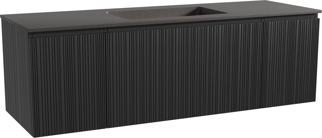 Storke Ribs zwevend badmeubel 155 x 52 cm zwart eiken met Scuro enkele wastafel in kwarts mat zwart, Verticale asymmetrische rechte ribbel