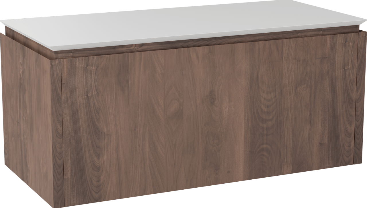 Balmani Eclips meuble salle de bains suspendu 120 x 55 cm Noyer américain avec Eclips tablette simple ou double vasque en Solid Surface blanc mat