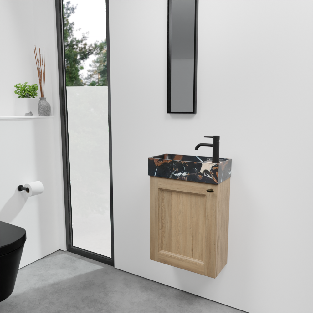 Balmani Lemon zwevend toiletmeubel 42 x 21 cm verweerd eiken met Dama wastafel in Portoro Gold marmer