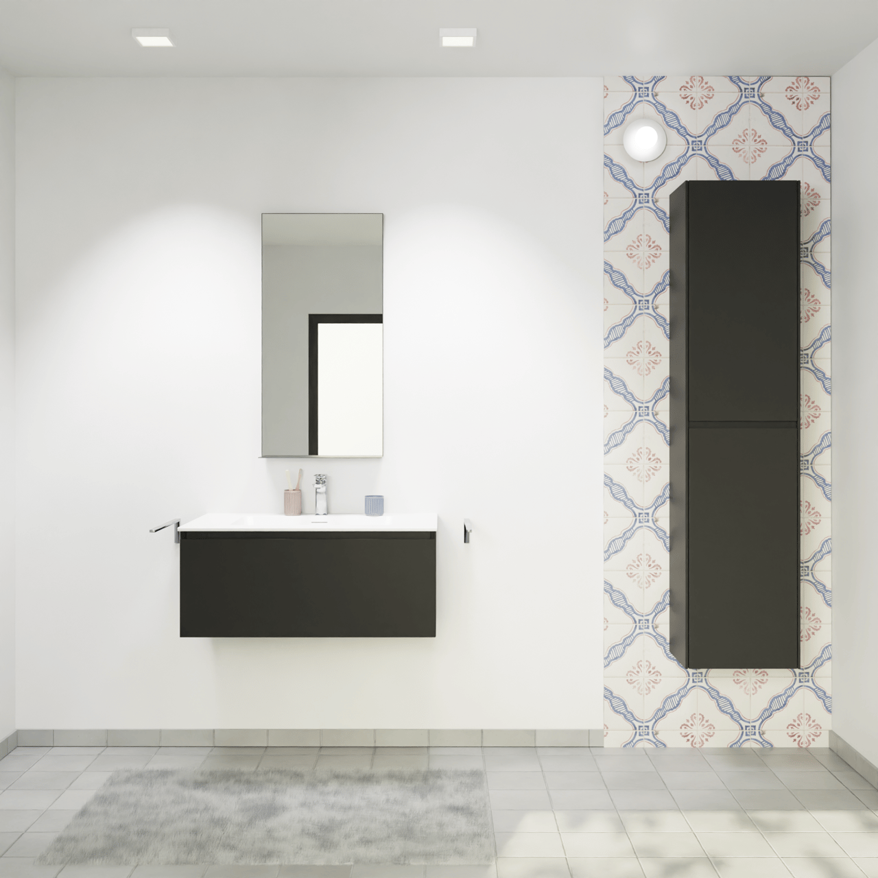 Storke Edge zwevend badmeubel 85 x 52 cm mat zwart met Mata enkele wastafel in solid surface mat wit