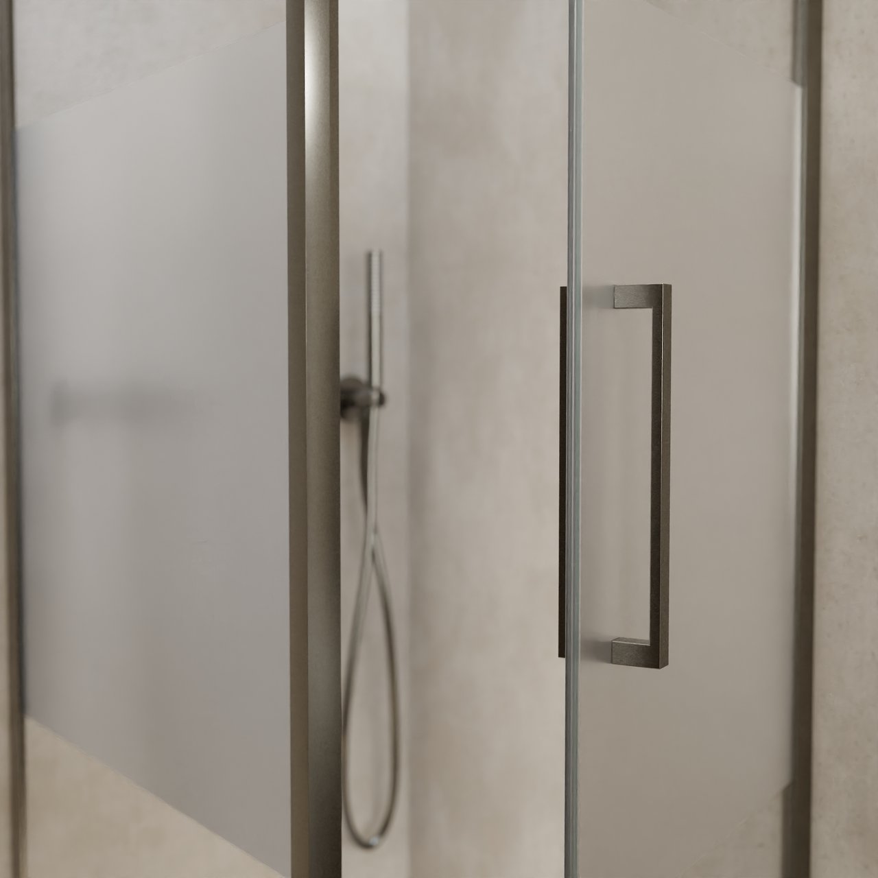 Balmani Senses Design Eckdusche: Drehtür (Rechts) mit fixierte Seitenwand, 90 x 90 cm, Klarglas mit mattiertem Streifen, Profil Brushed GunMetal, inklusive Coating