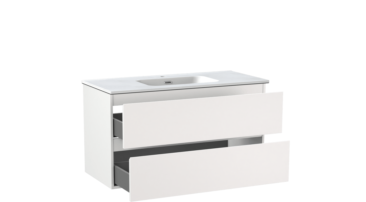 Linie Lado hängendes Möbelstück Set: 100 x 46 cm, Weiß matt, mit Baro Einzelwaschtisch, Porzellan Weiß matt