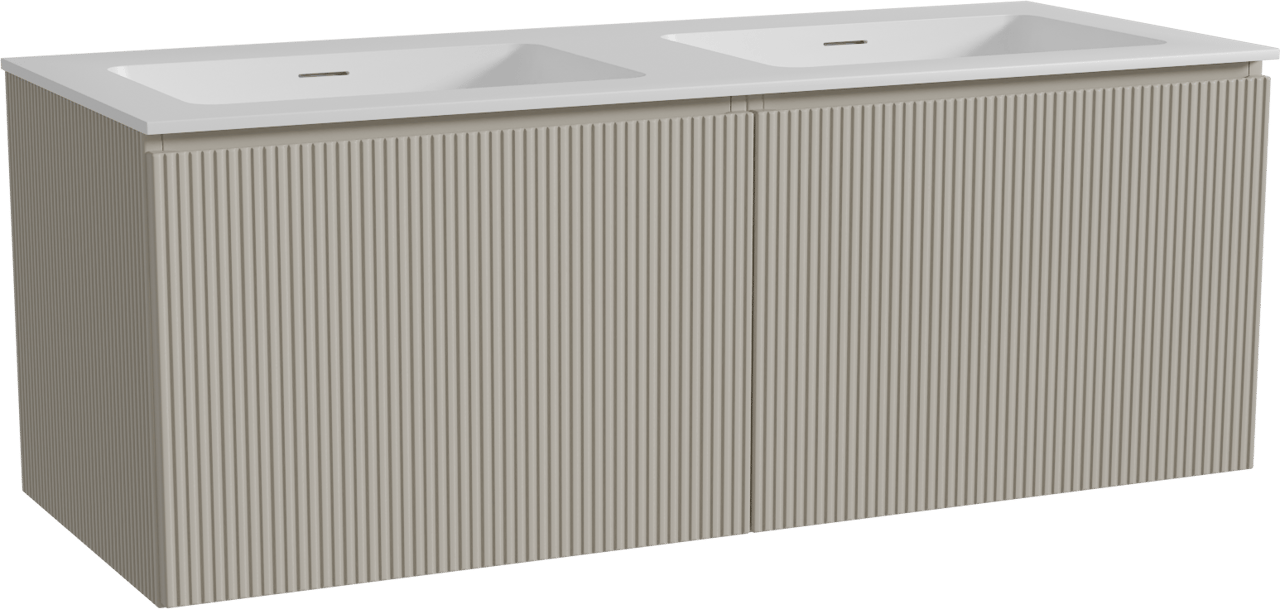 Storke Ribs zwevend badmeubel 130 x 52 cm zijdegrijs met Mata dubbele wastafel in solid surface mat wit, Verticale symmetrische rechte ribbel