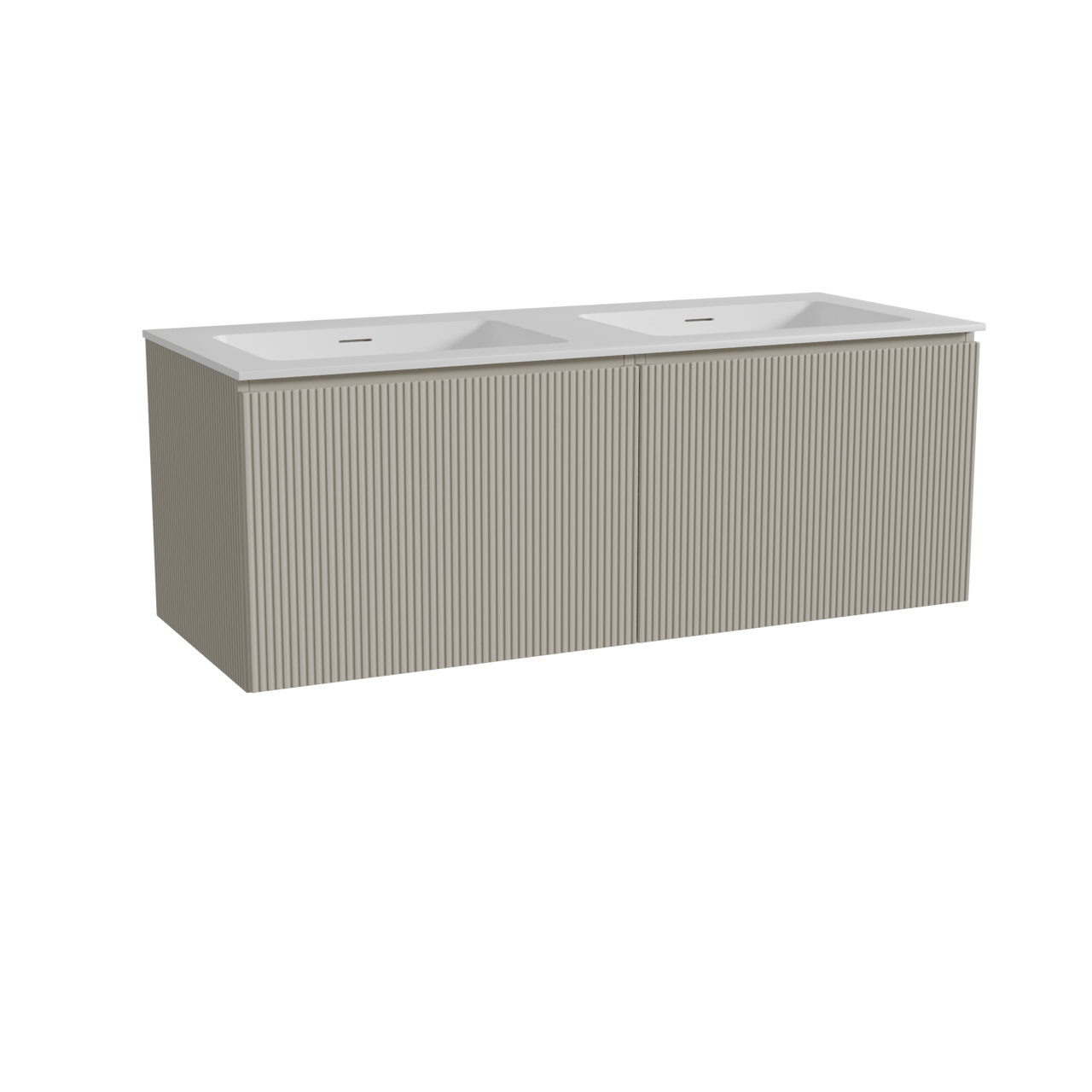 Storke Ribs hängendes Möbelstück Set: 130 x 52 cm, Seidengrau, mit Mata Doppelwaschtisch, Solid Surface, Weiß matt, Vertikale symmetrische gerade Rippe