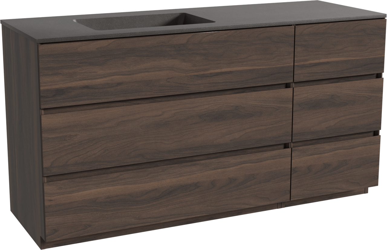 Storke Edge staand badmeubel 150 x 52 cm notenhout met Scuro asymmetrisch linkse wastafel in kwarts mat zwart