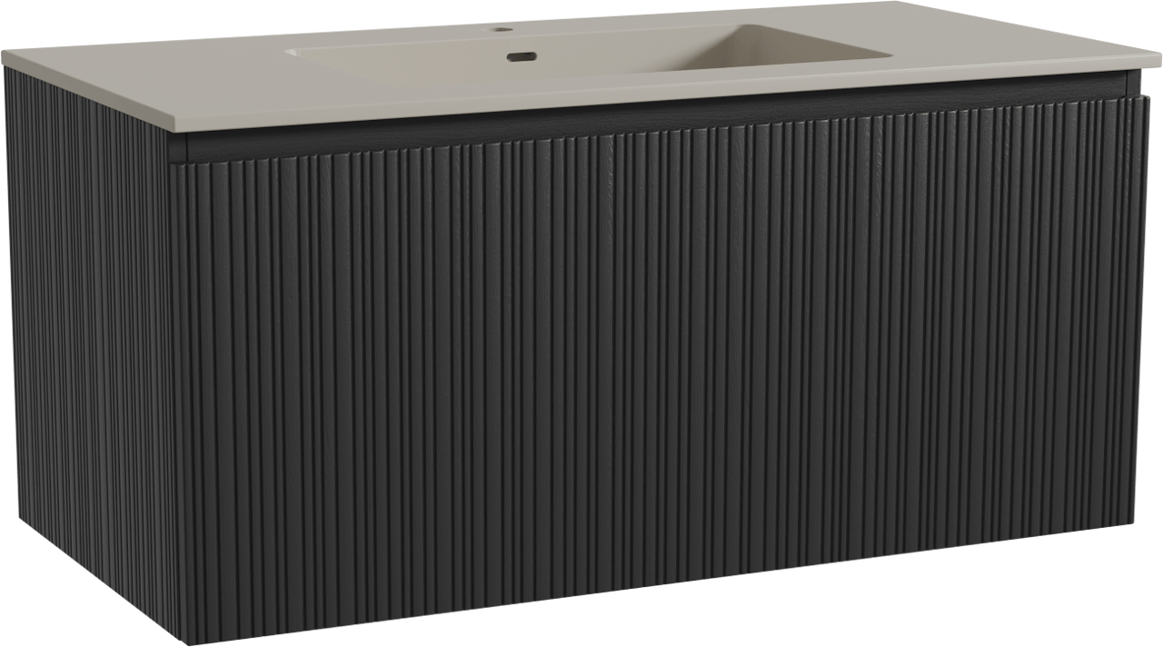 Storke Ribs zwevend badmeubel 105 x 52 cm zwart eiken met Diva enkele wastafel in top solid zijdegrijs, Verticale asymmetrische rechte ribbel