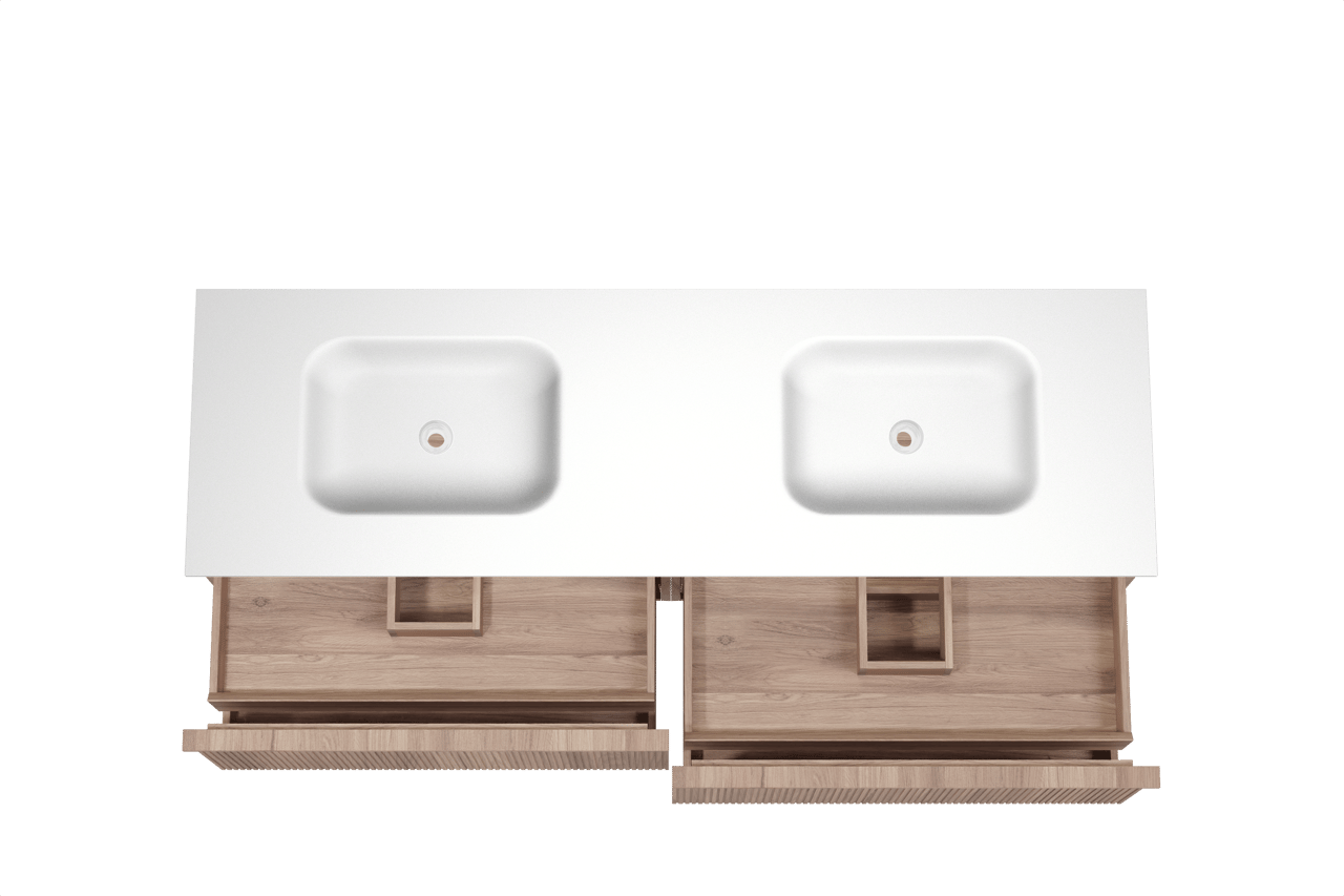 Balmani Forma meuble salle de bains suspendu 180 x 55 cm teck avec Tablo Arcato double vasque en solid surface blanc mat, Nervure droite symétrique verticale