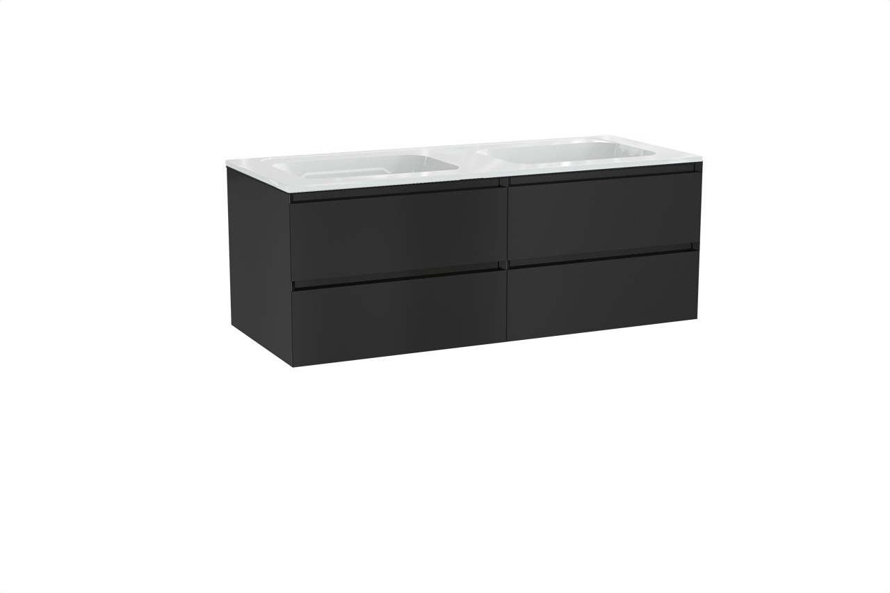 Balmani Mitra hängendes Möbelstück Set: 135 x 55 cm, Schwarz matt, mit Tablo Strada Doppelwaschtisch, Marmorkomposit Weiß glänzend