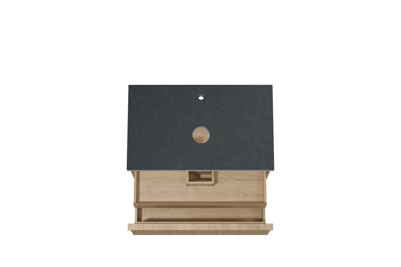 Balmani Forma zwevend badkamermeubel 90 x 55 cm natuur eik met Rock enkel tablet in graniet zwart, Verticale symmetrische rechte ribbel