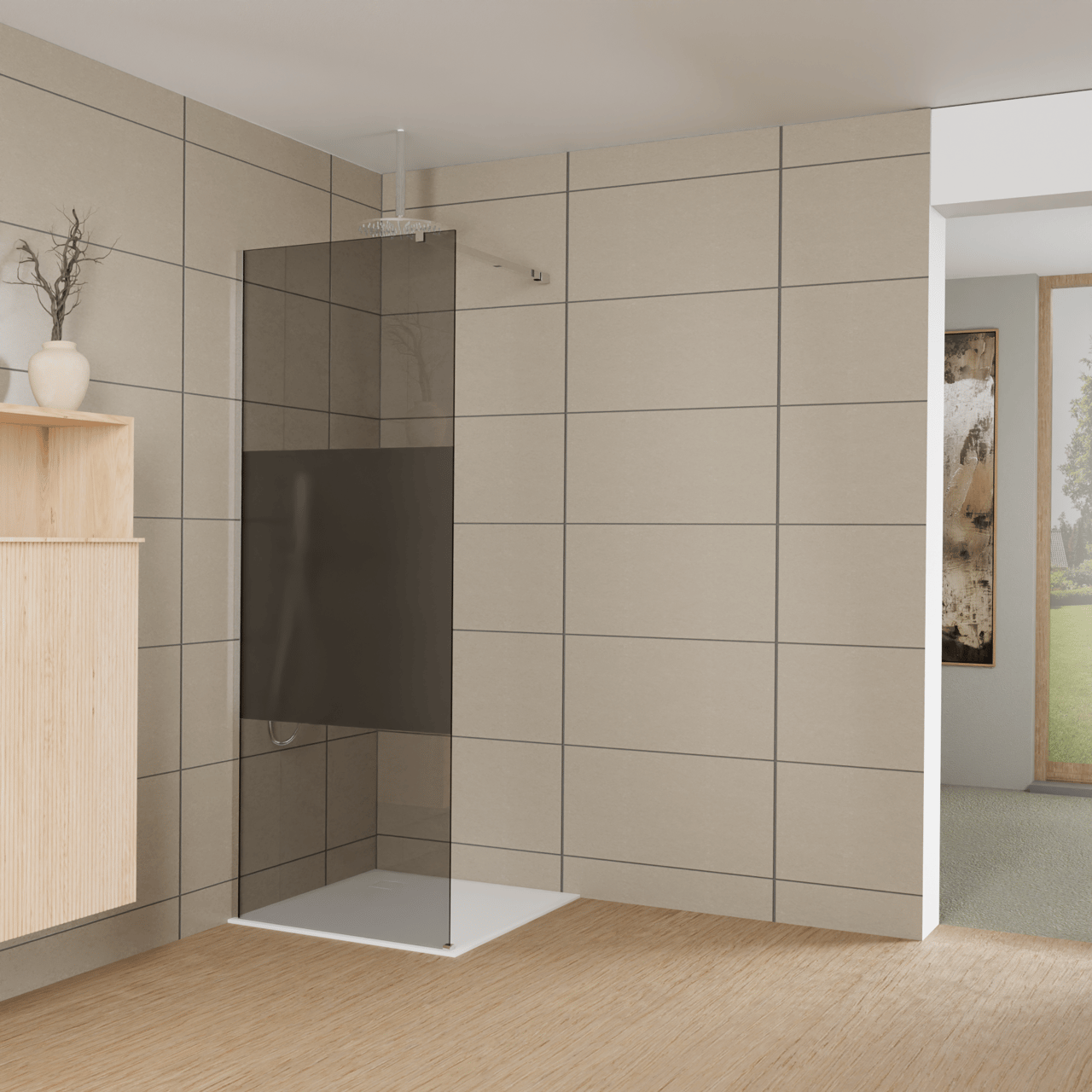 Balmani Modular inloopdouche: 80 x 200 cm, Rookglas met matte strook met coating, Glanzend chroom profielen