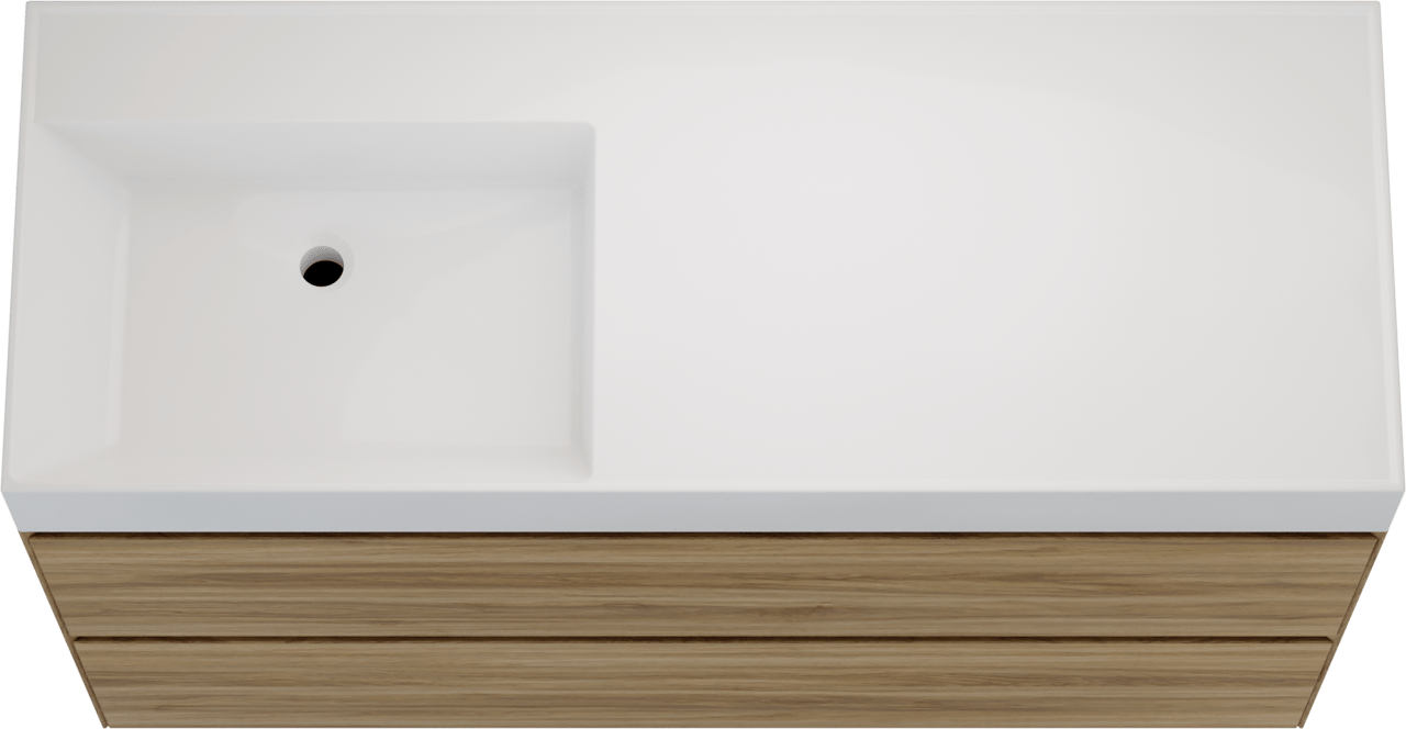 Balmani Mitra Compact zwevend badkamermeubel 120 x 46 cm wilde eik met Argila asymmetrisch linkse wastafel in composietmarmer glanzend wit