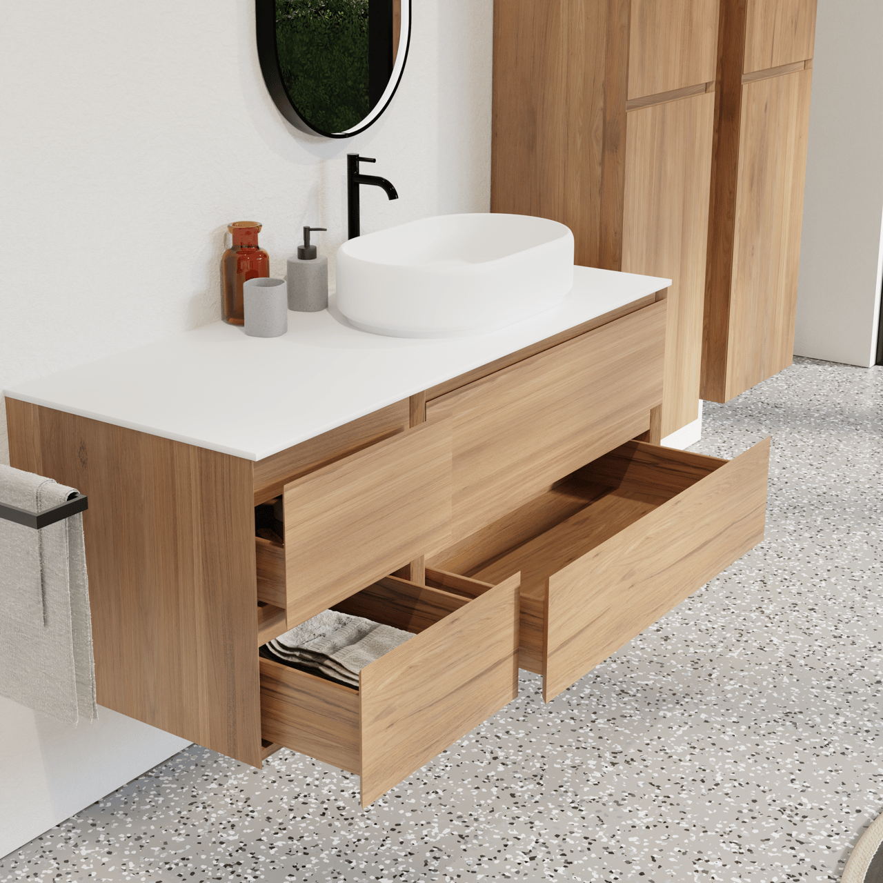 Balmani Mitra meuble salle de bains suspendu 135 x 55 cm teck avec Stretto tablette simple ou double en solid surface blanc mat