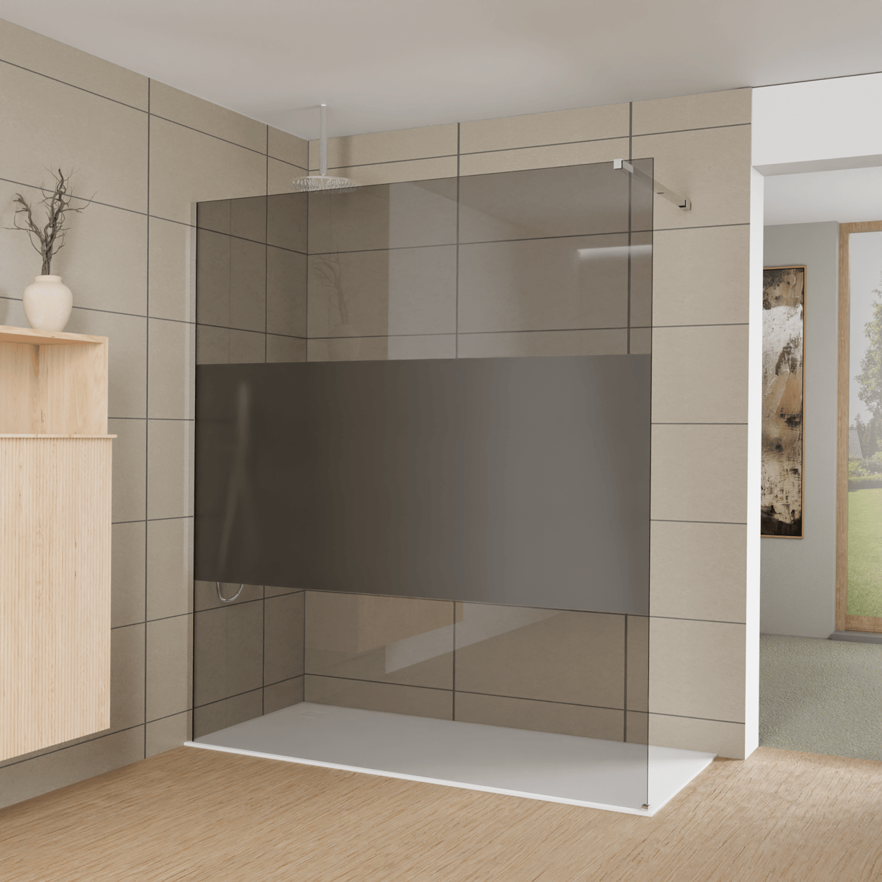 Balmani Modular Walk-In Dusche: 180 x 200 cm, Rauchglas mit mattiertem Streifen, Profil Chrom glänzend