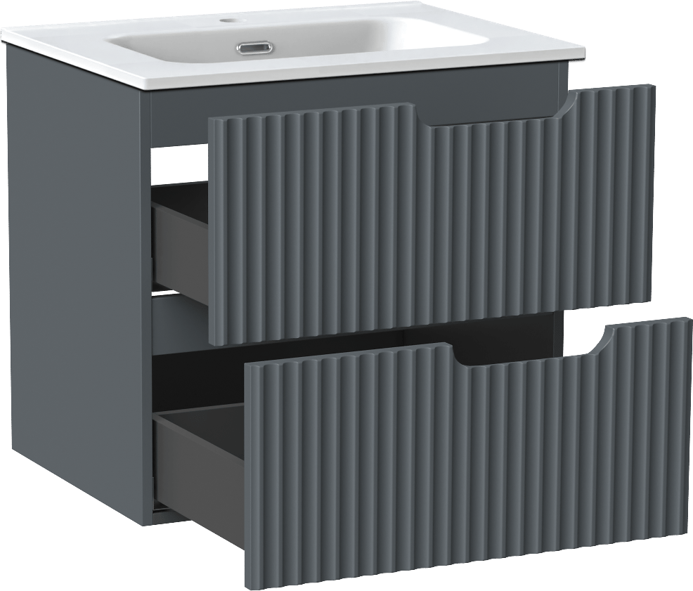 Linie Ribbo hängendes Möbelstück Set: 60 x 46 cm, Anthrazitblau, mit Baro Einzelwaschtisch, Porzellan, Weiß matt, Vertikale symmetrische runde Rippe