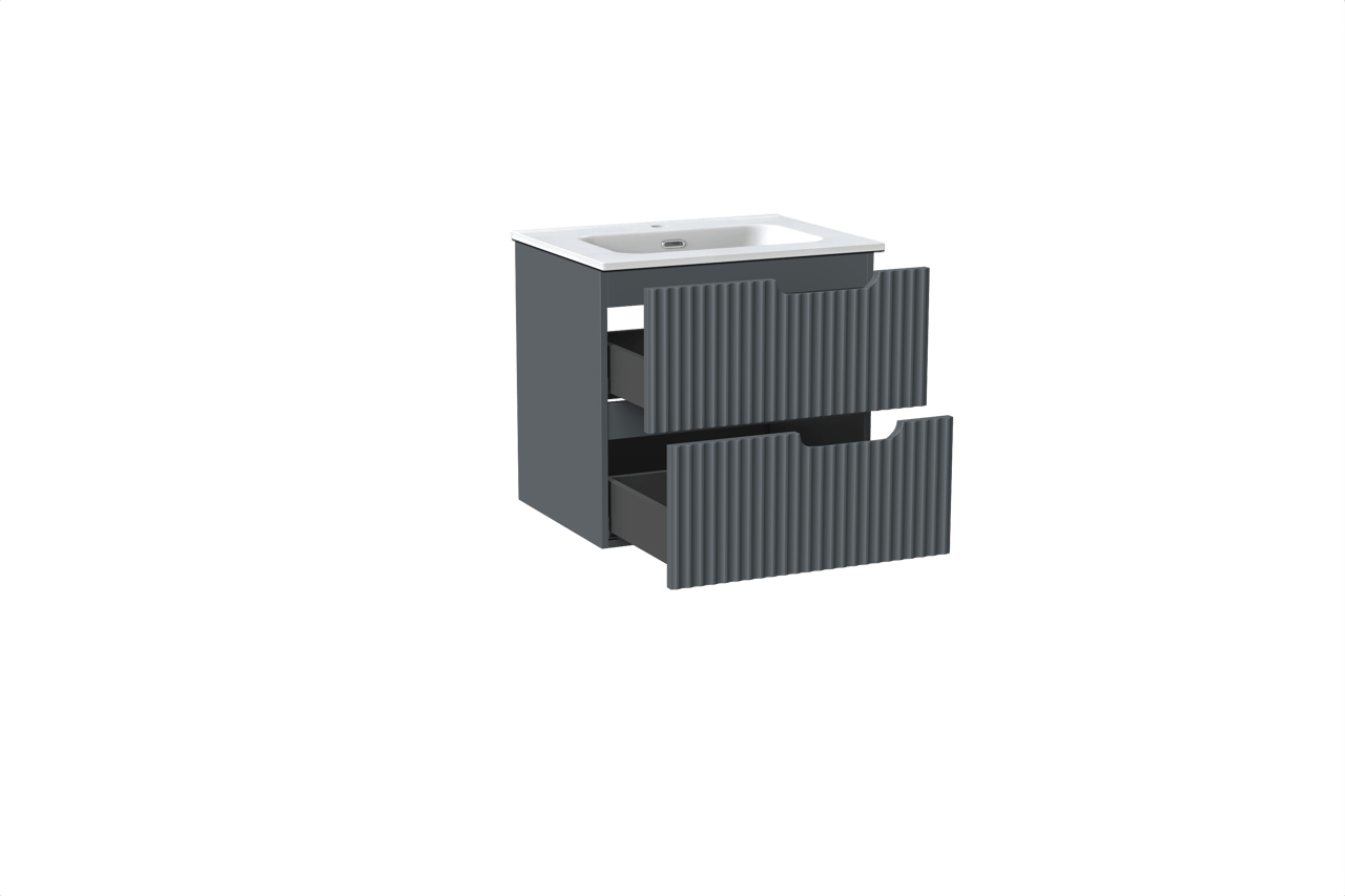 Linie Ribbo zwevend badkamermeubel 60 x 46 cm blauw antraciet met Baro enkele wastafel in porselein mat wit, Verticale symmetrische ronde ribbel
