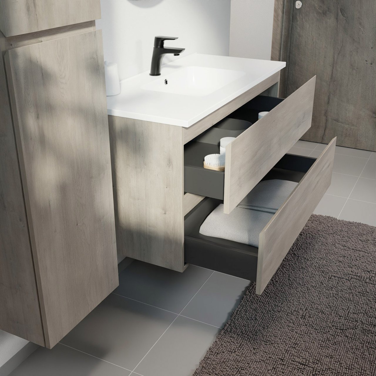 Linie Lado zwevend badmeubel 100 x 46 cm grijs eiken met Vano enkele wastafel in composietmarmer mat wit