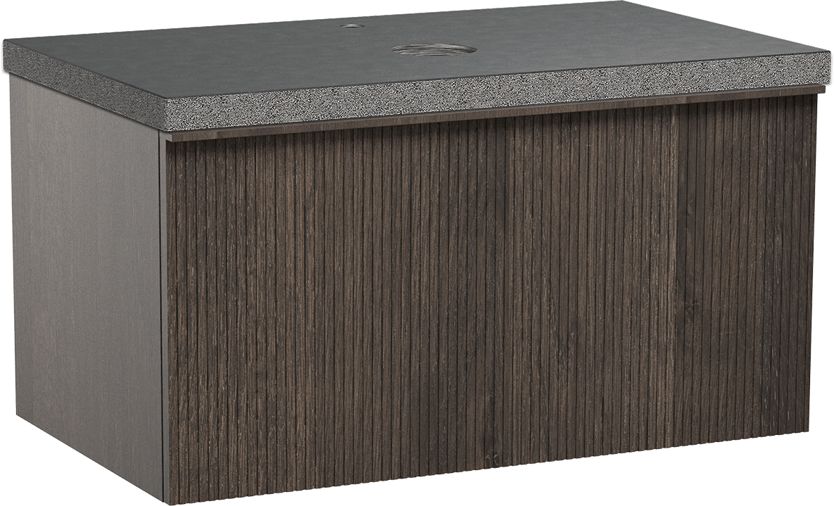 Balmani Forma meuble salle de bains suspendu 90 x 55 cm chêne fumé avec Rock tablette simple en granit noir, Nervure gauche symétrique verticale